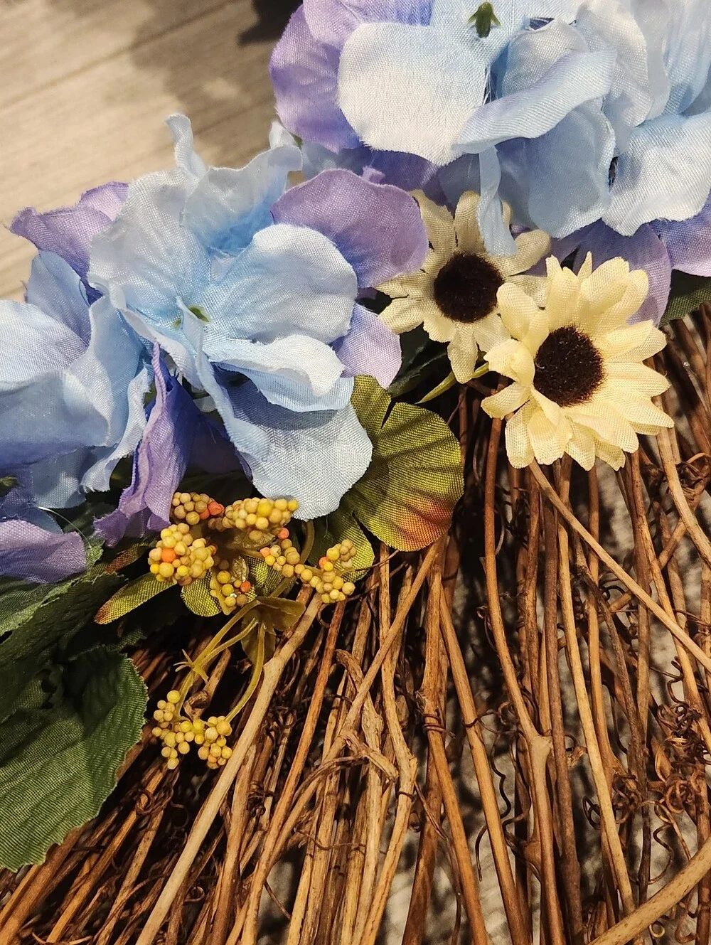 Handmade Summer Blue Hydrangea Grapevine Wreath Rustic Farmhouse Door Decor